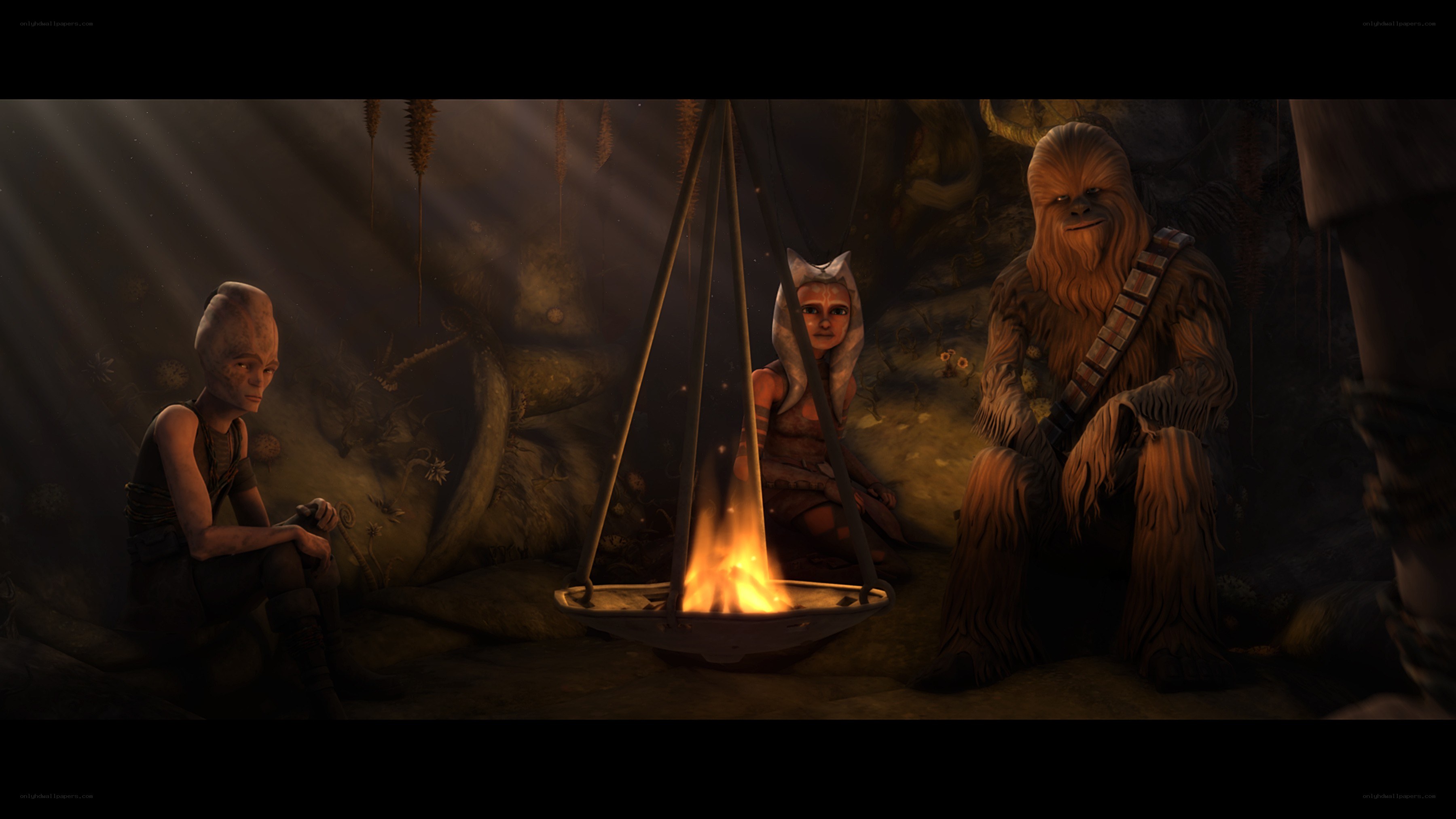 Characters around a campfire