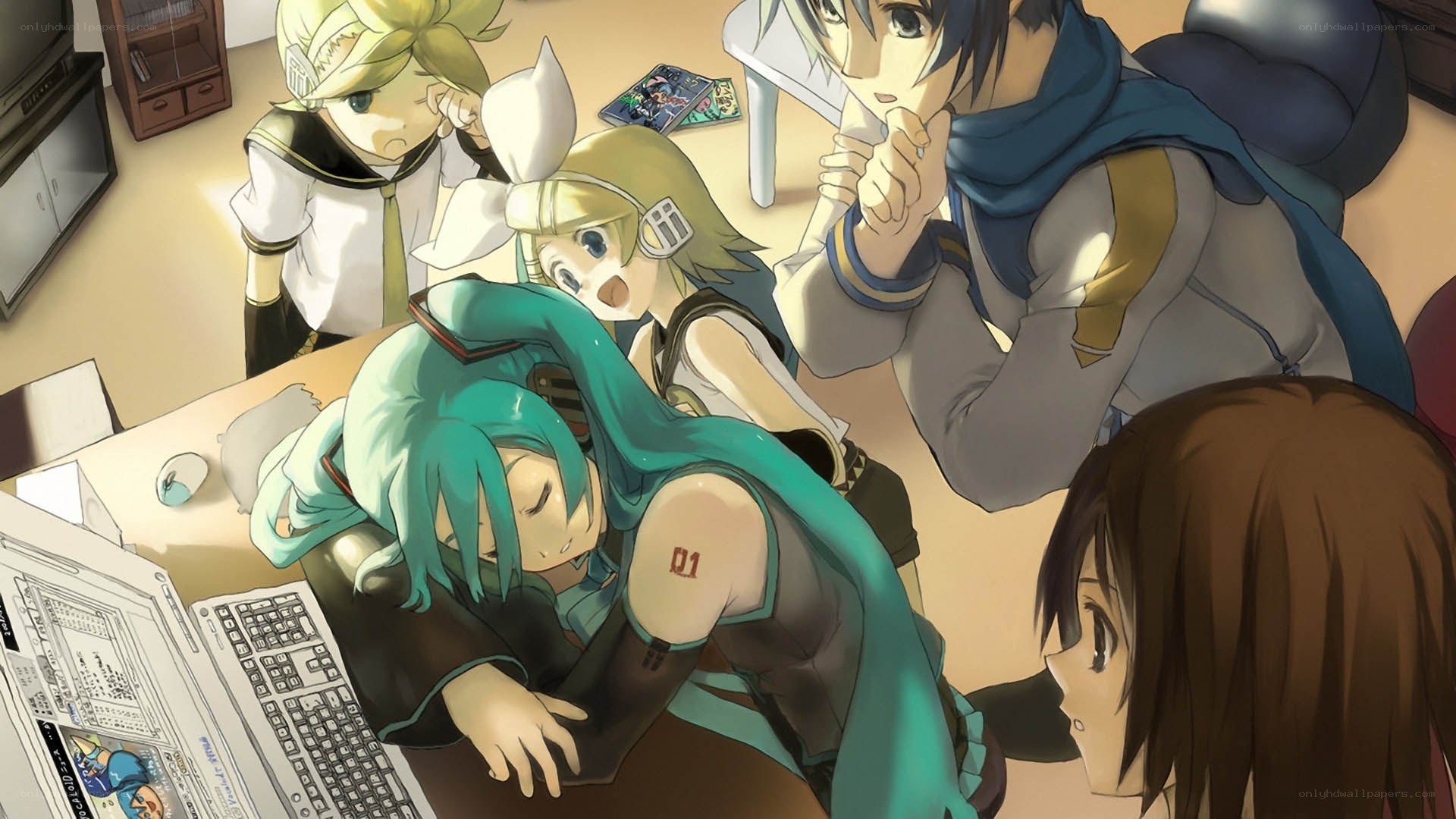 Characters around a computer