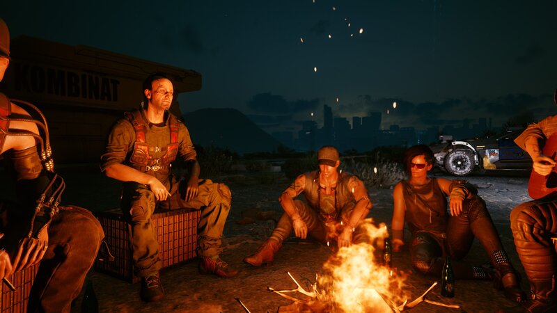 Characters Around Campfire — Orange, Dark, Tense