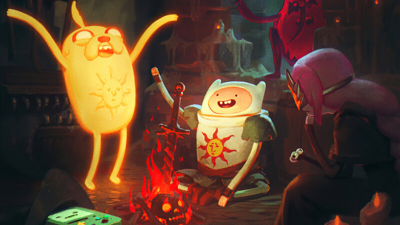 Characters Around Campfire — Orange, Dramatic