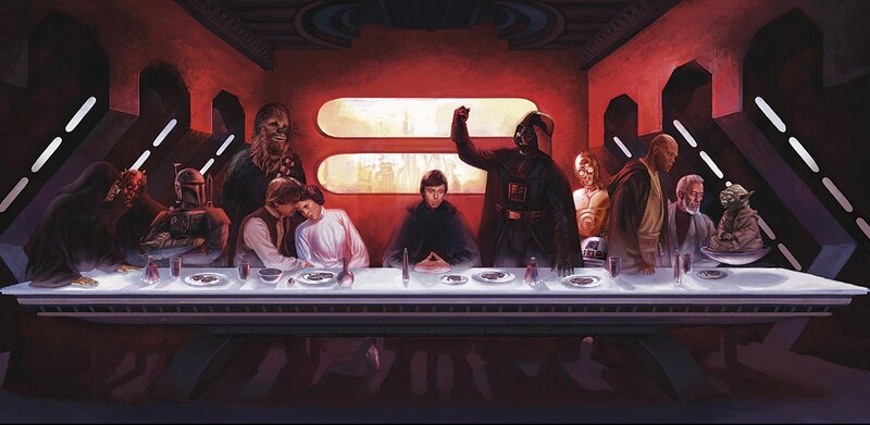 Characters at a Long Table — Red