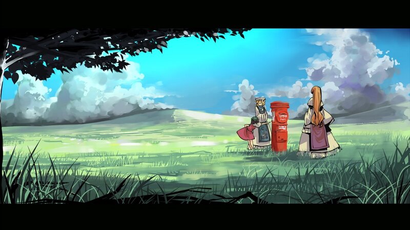 Characters at a mailbox in a field
