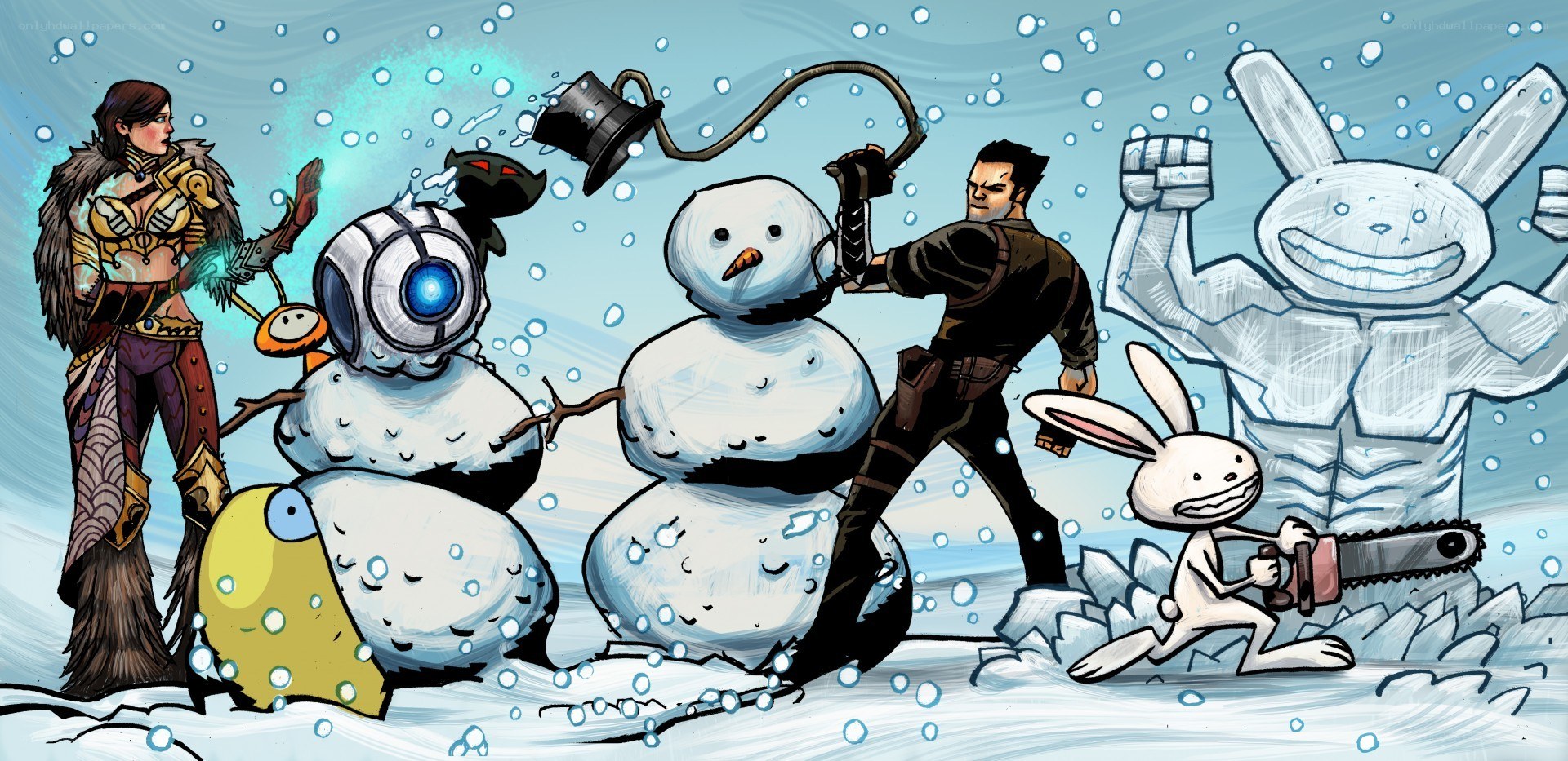Characters building snowmen