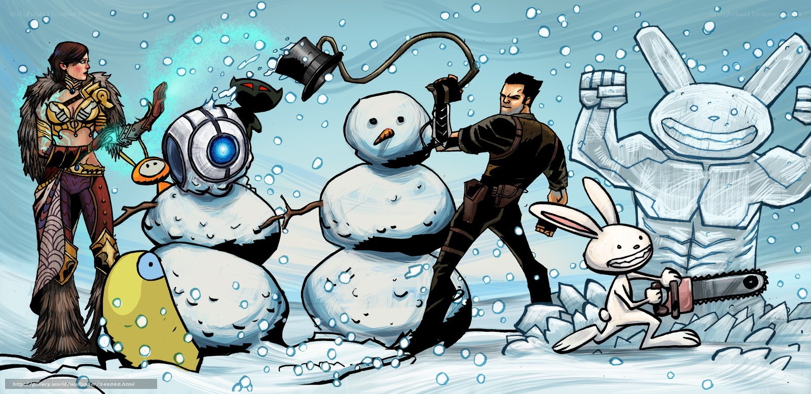 Characters building snowmen
