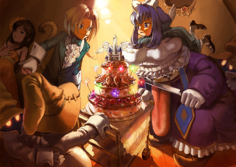Characters celebrating with cake