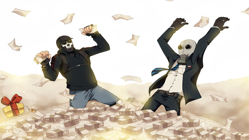Characters celebrating with money