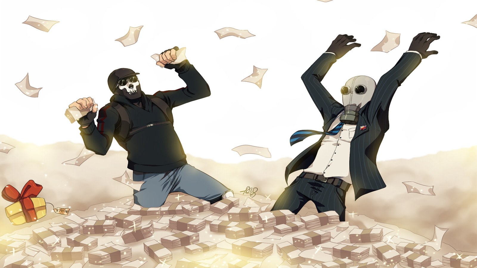 Characters celebrating with money
