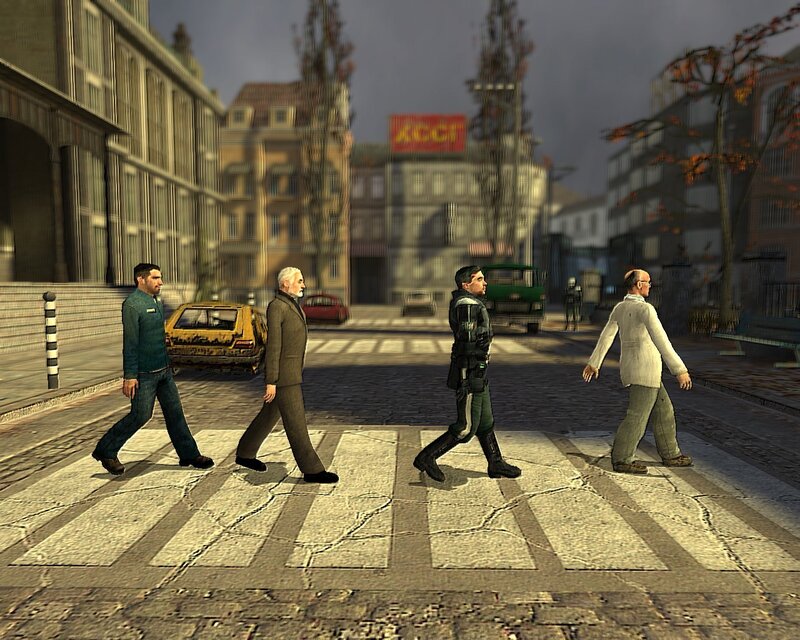Characters crossing street in game scene