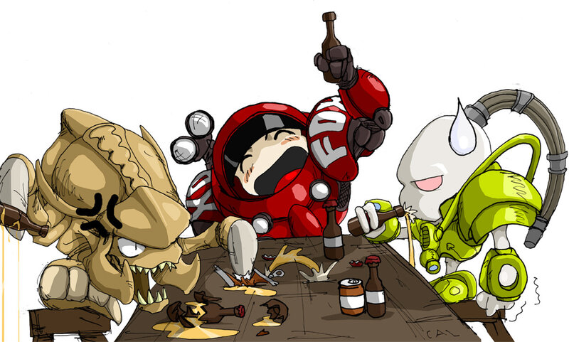 Characters drinking at a table