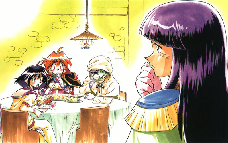Characters eating at a table
