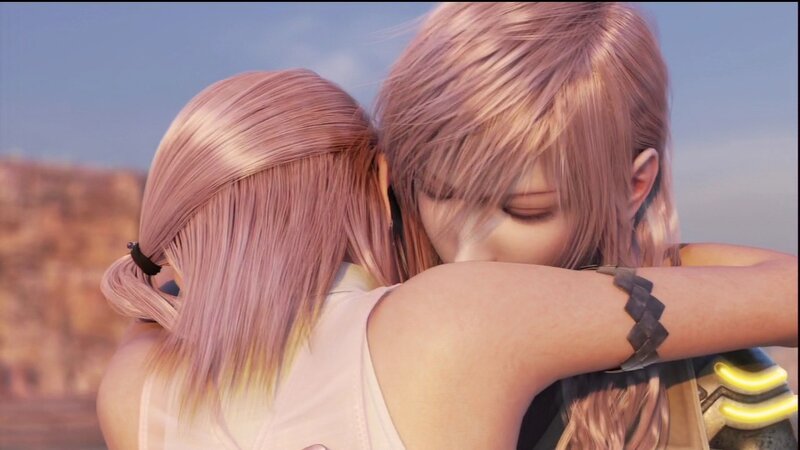 characters embracing in sunset