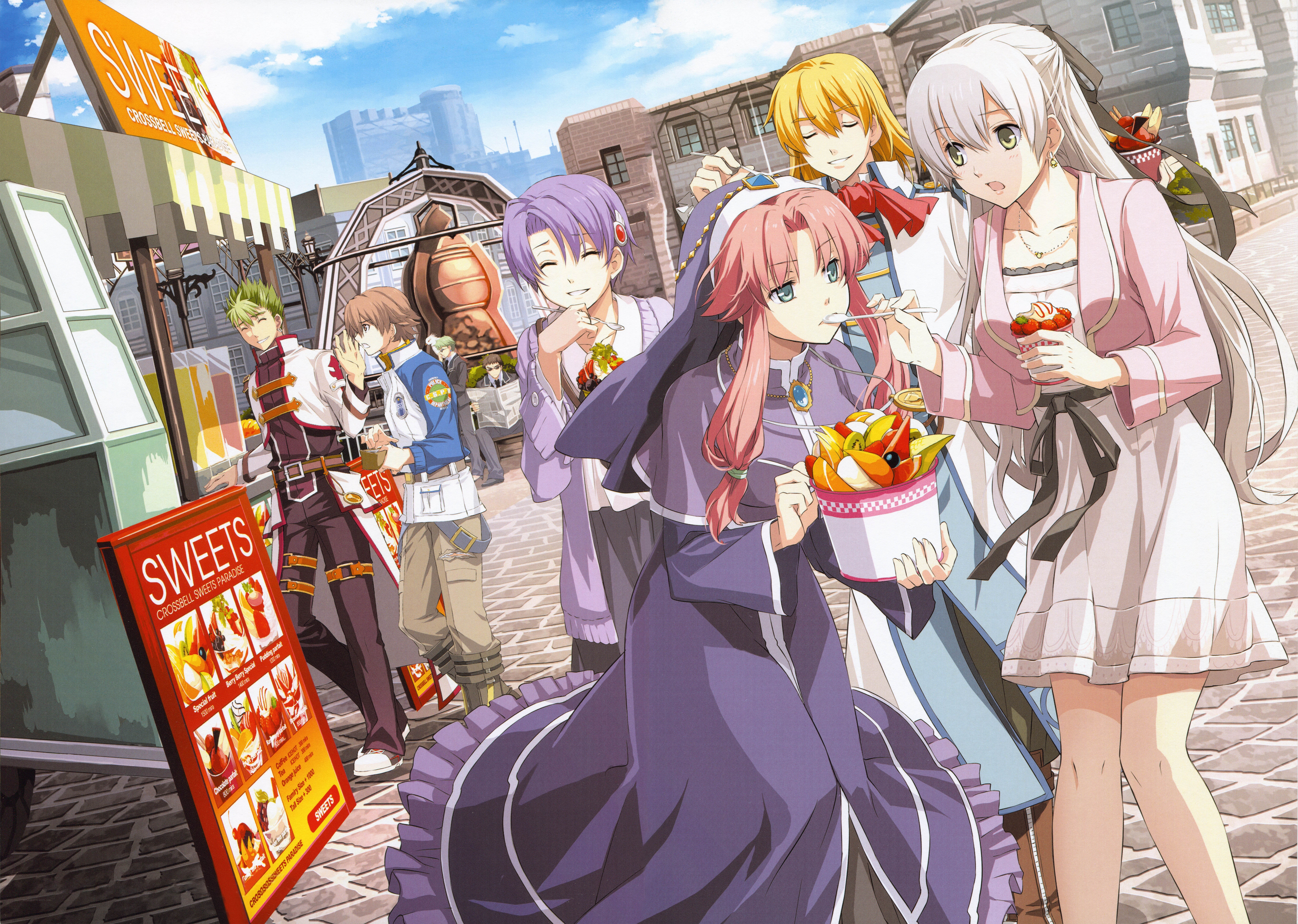 Characters enjoying sweets in a city