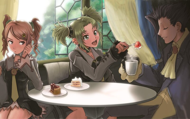 Characters enjoying tea and cake