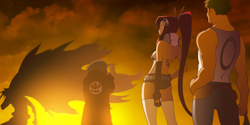 Characters facing a shadowy figure