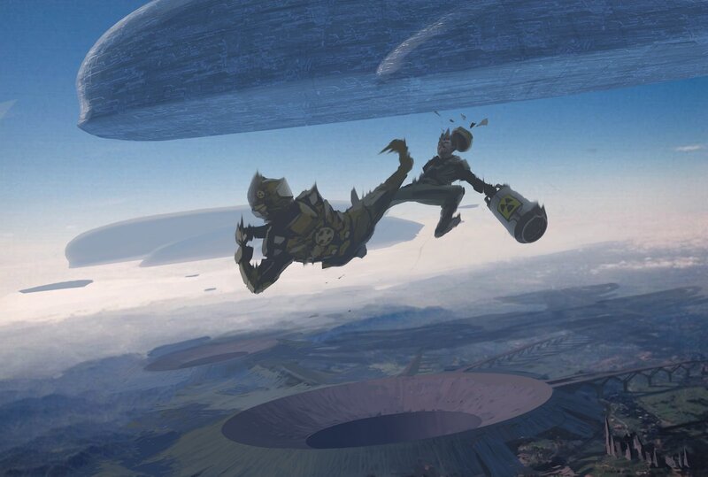 Characters falling from airship
