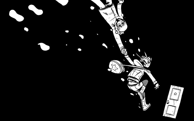 Characters falling in darkness
