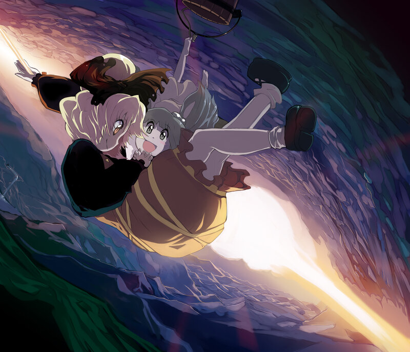 Characters falling through a tunnel