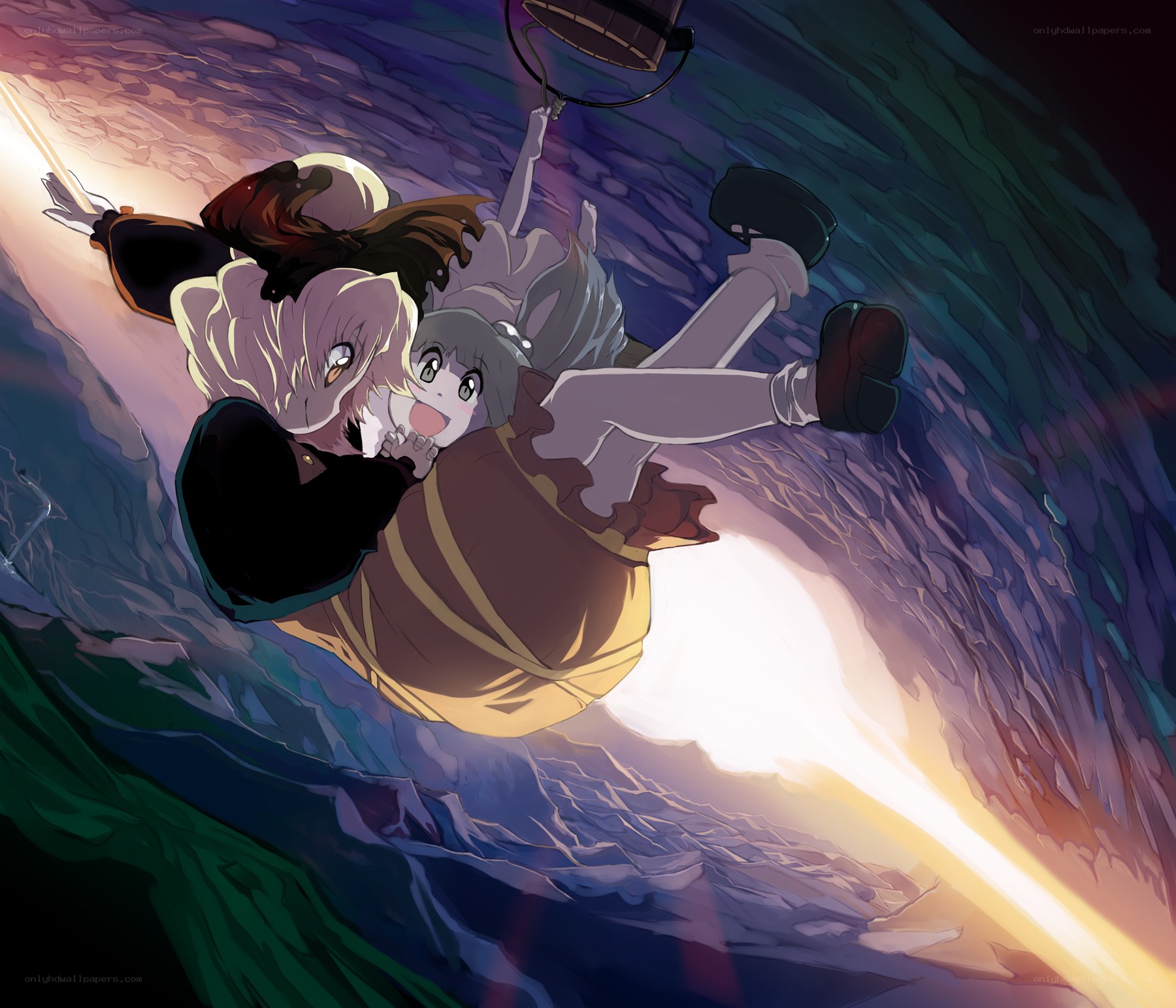 Characters falling through a tunnel