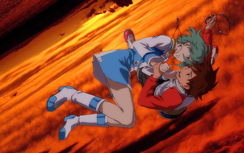 Characters falling through fire