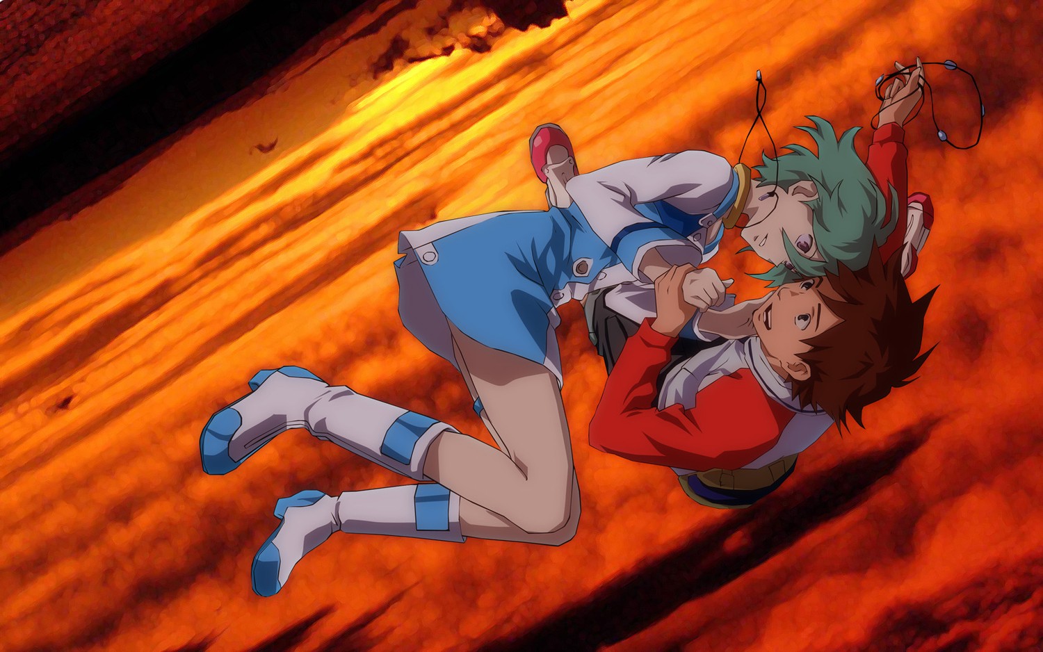 Characters falling through fire