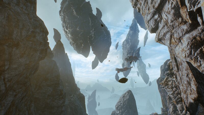 Characters Falling Through Rocks