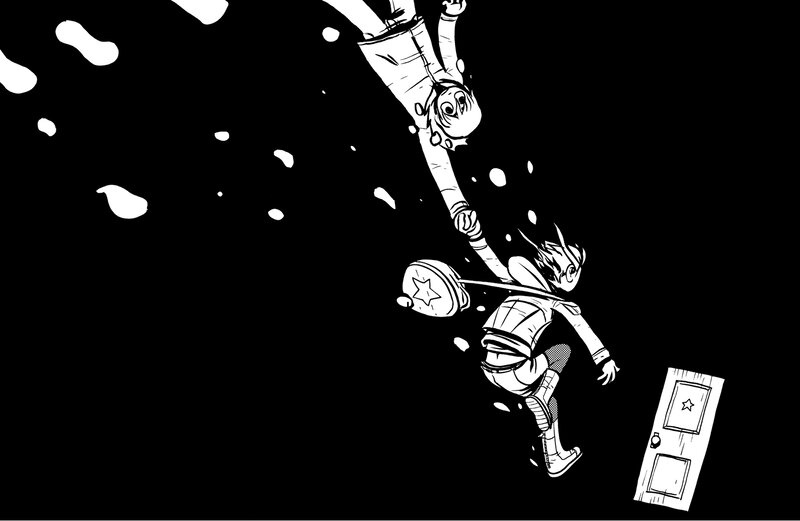 Characters falling through space