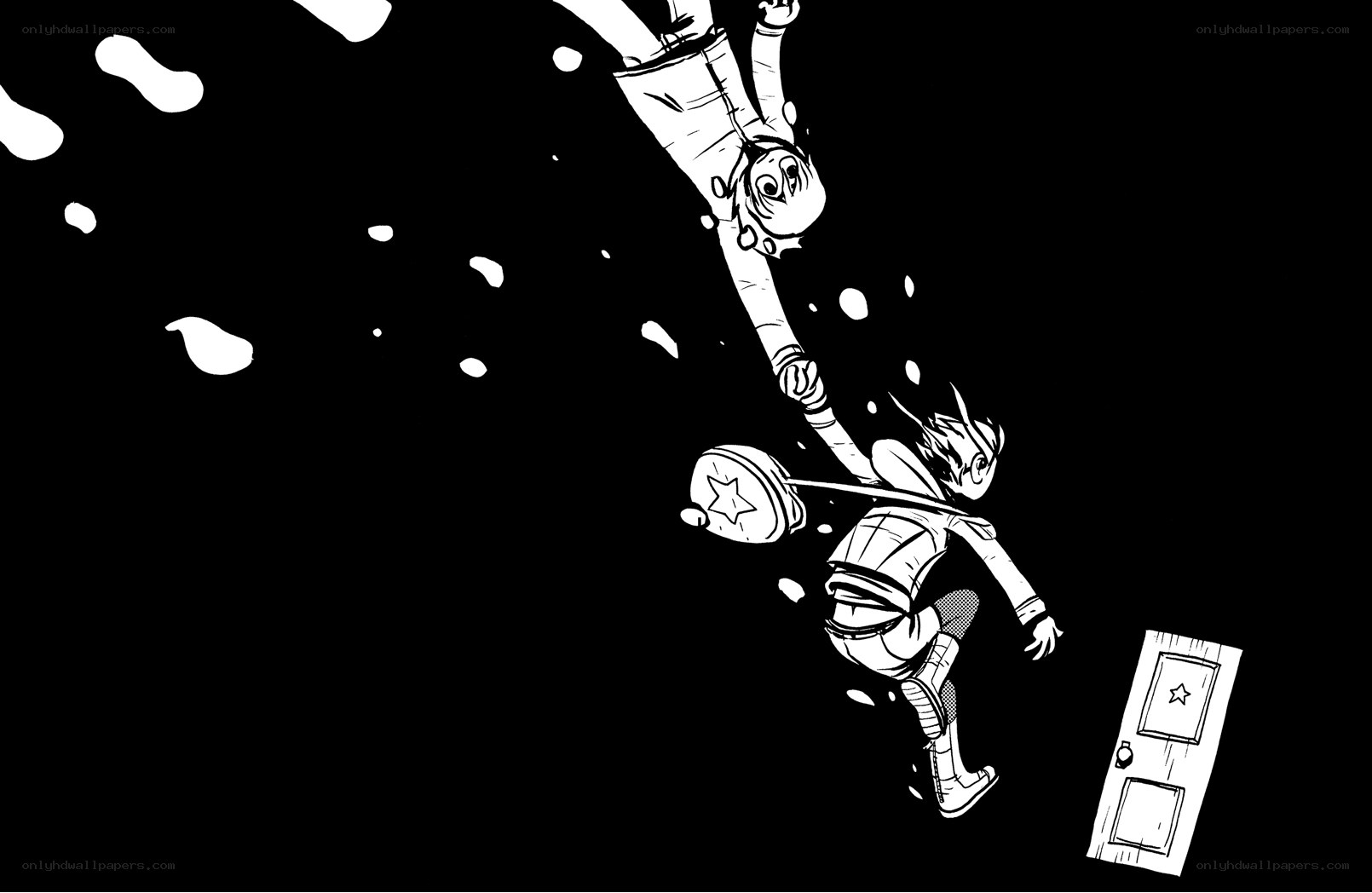 Characters falling through space