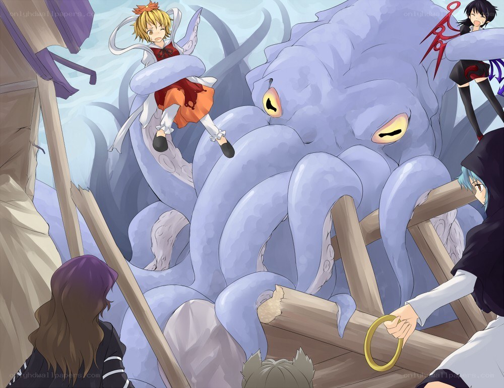 Characters fighting a giant octopus