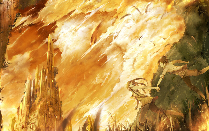 Characters fleeing a fiery disaster