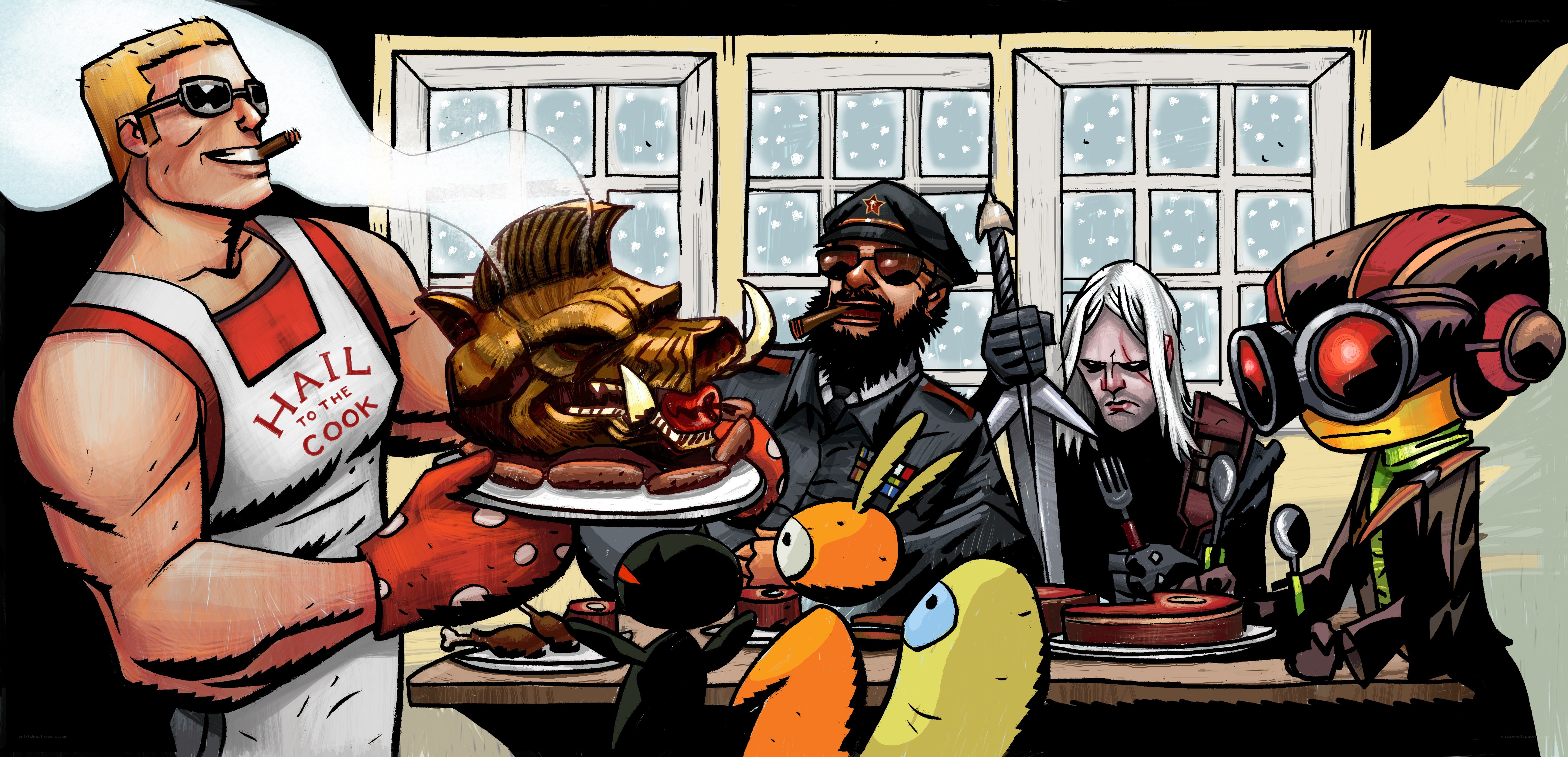 Characters gather for a feast
