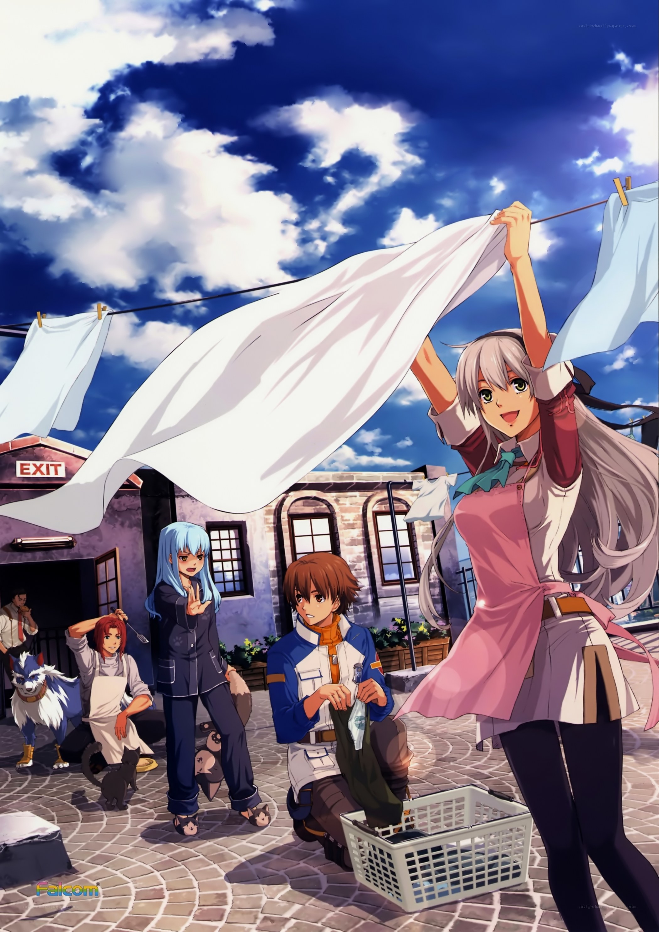 Characters hanging laundry