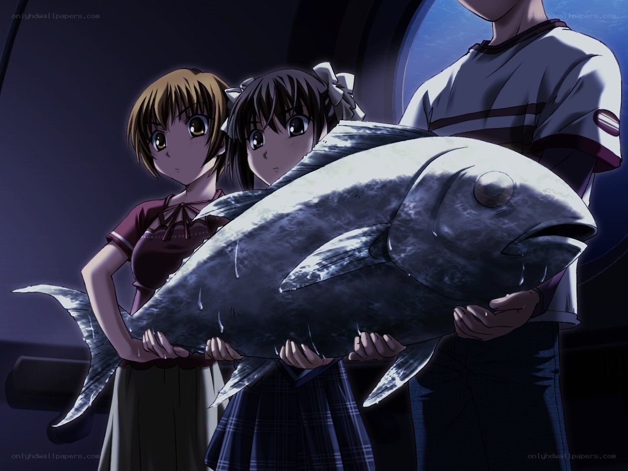 Characters holding a large fish