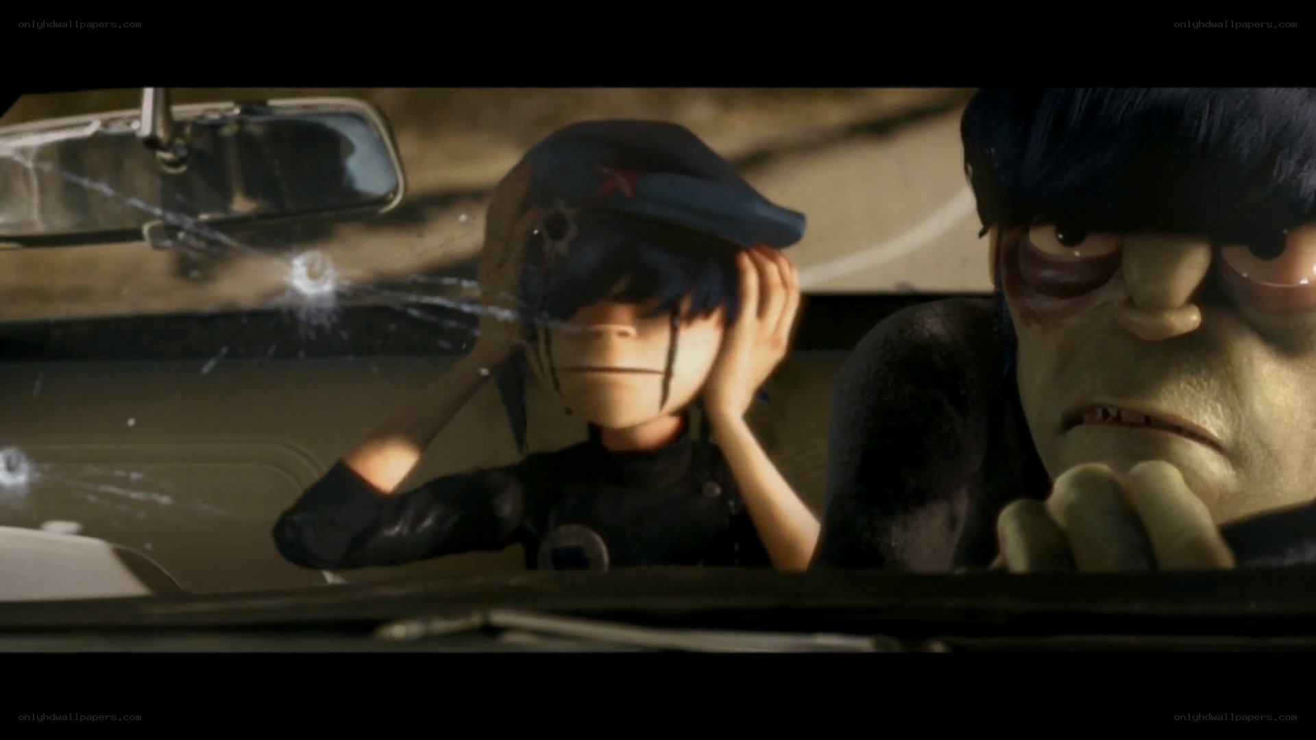 Characters in a car under fire