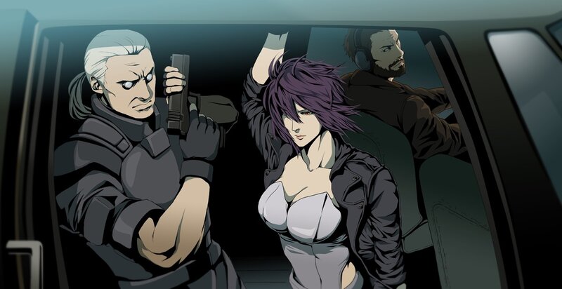 Characters in a car with weapons