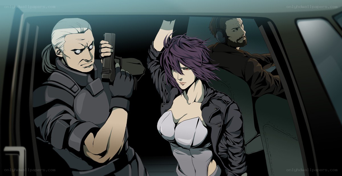 Characters in a car with weapons