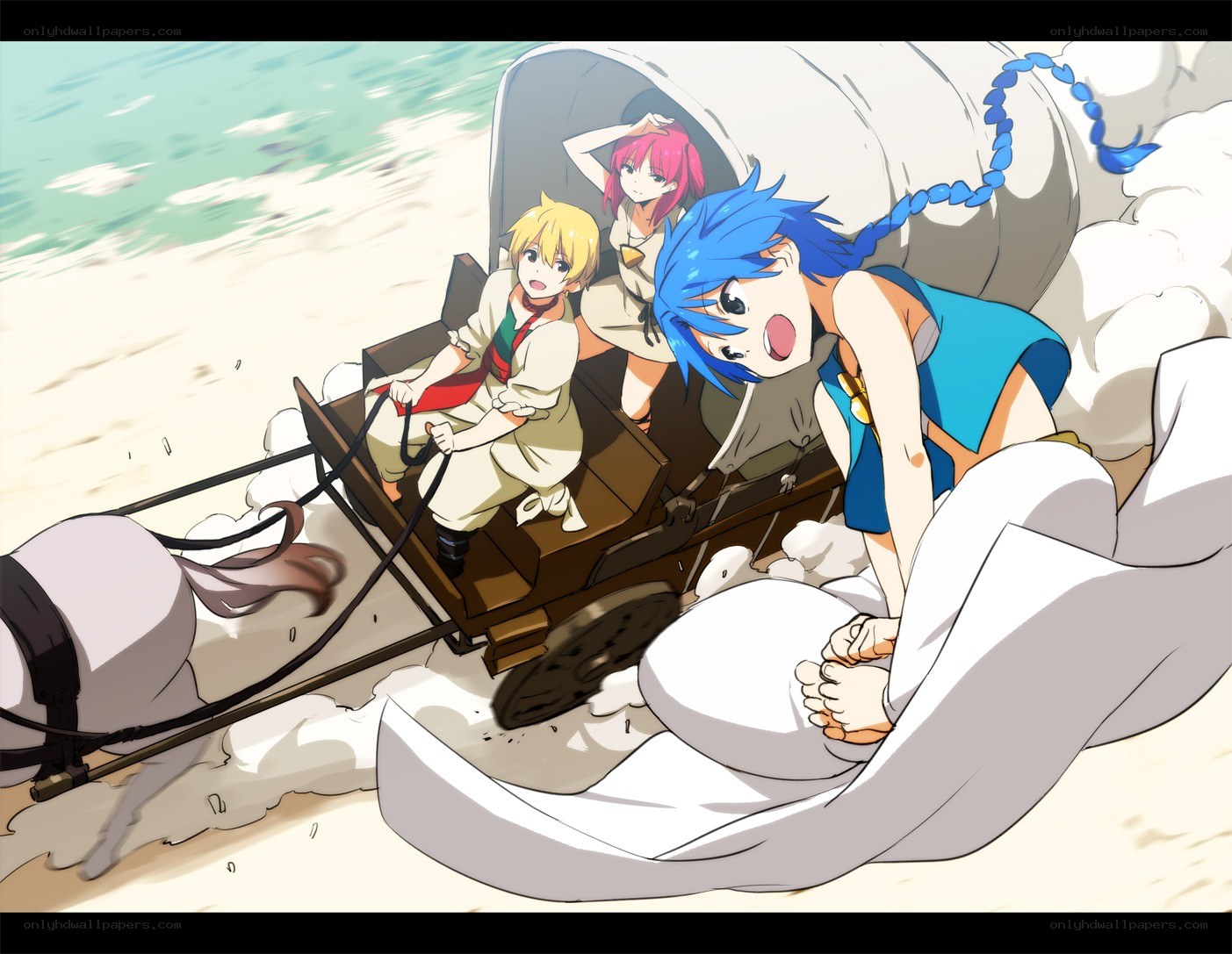 Characters in a cart on beach