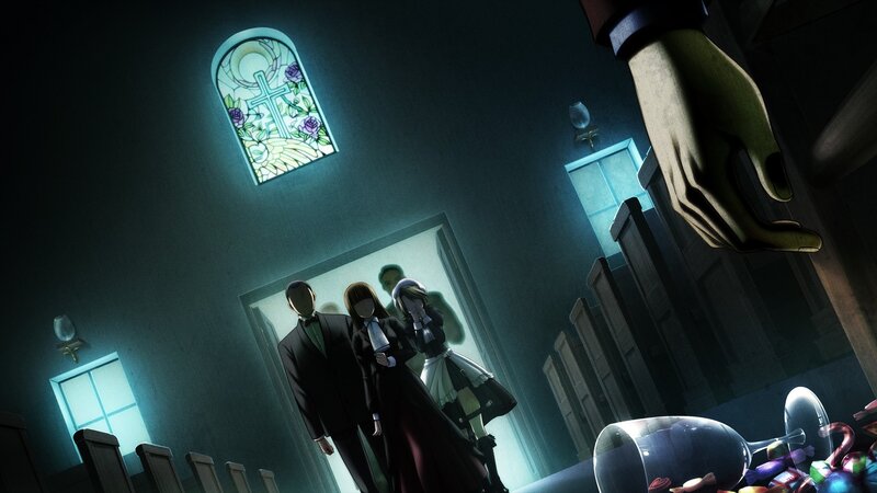 Characters in a church hallway