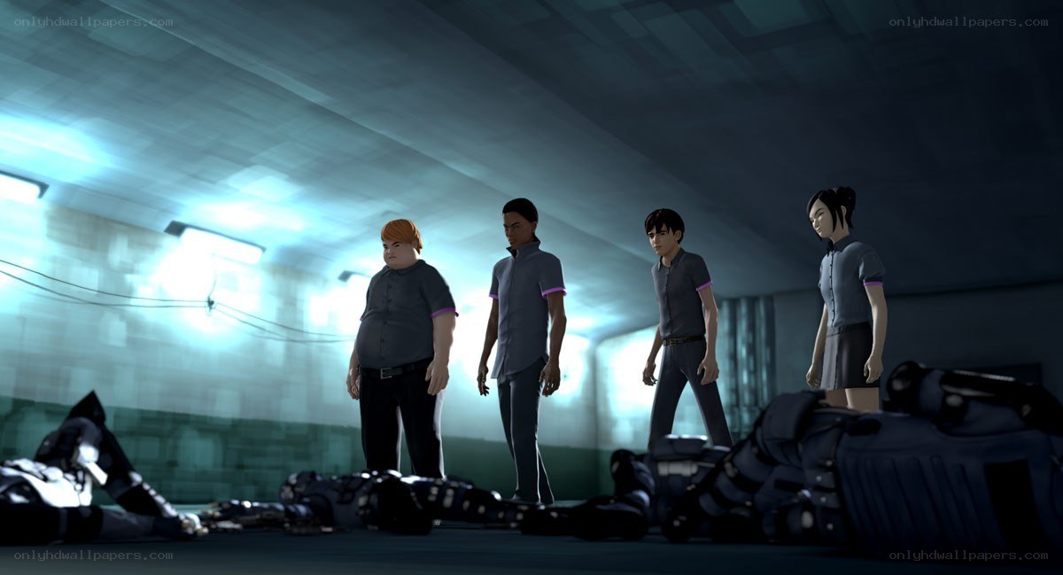 Characters in a dimly lit corridor