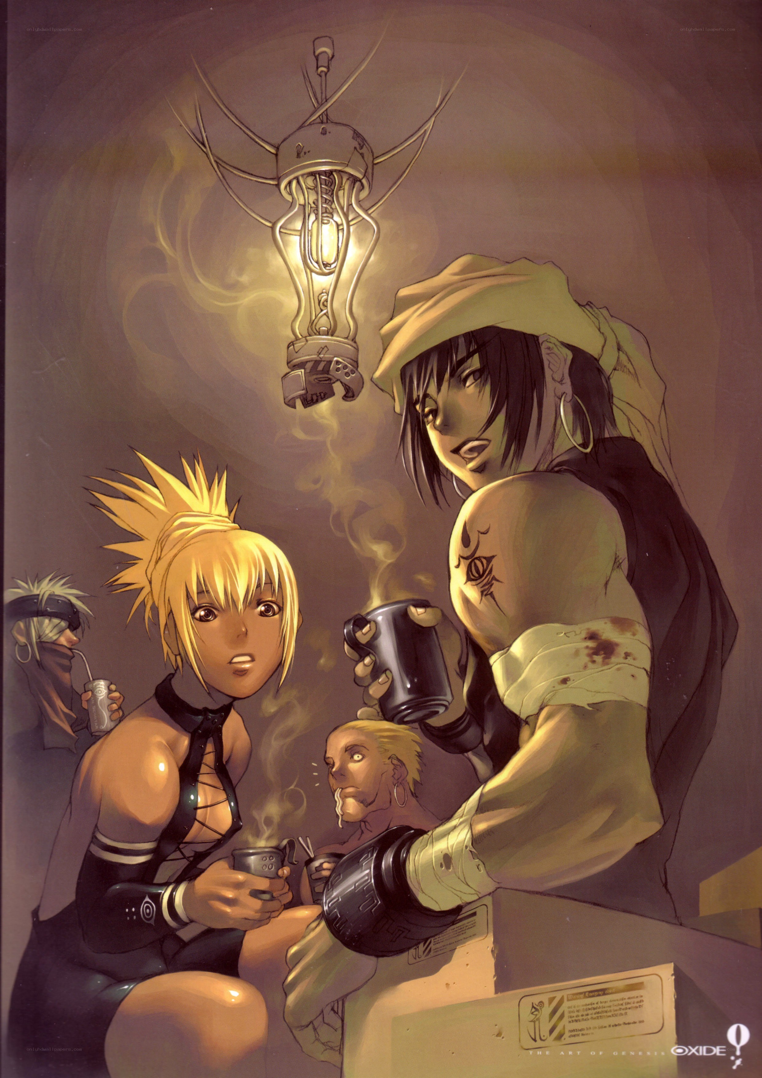 Characters in a dimly lit room