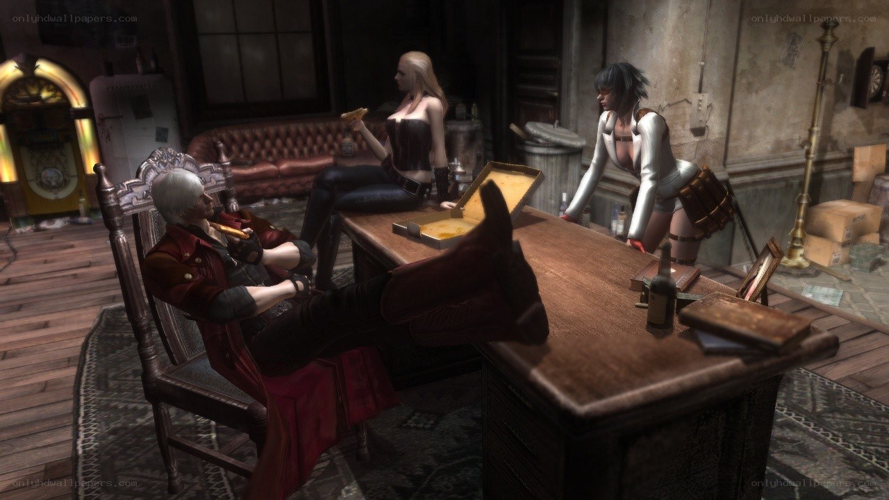 Characters in a dimly lit room