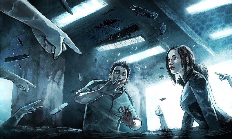 Characters in a flooded room