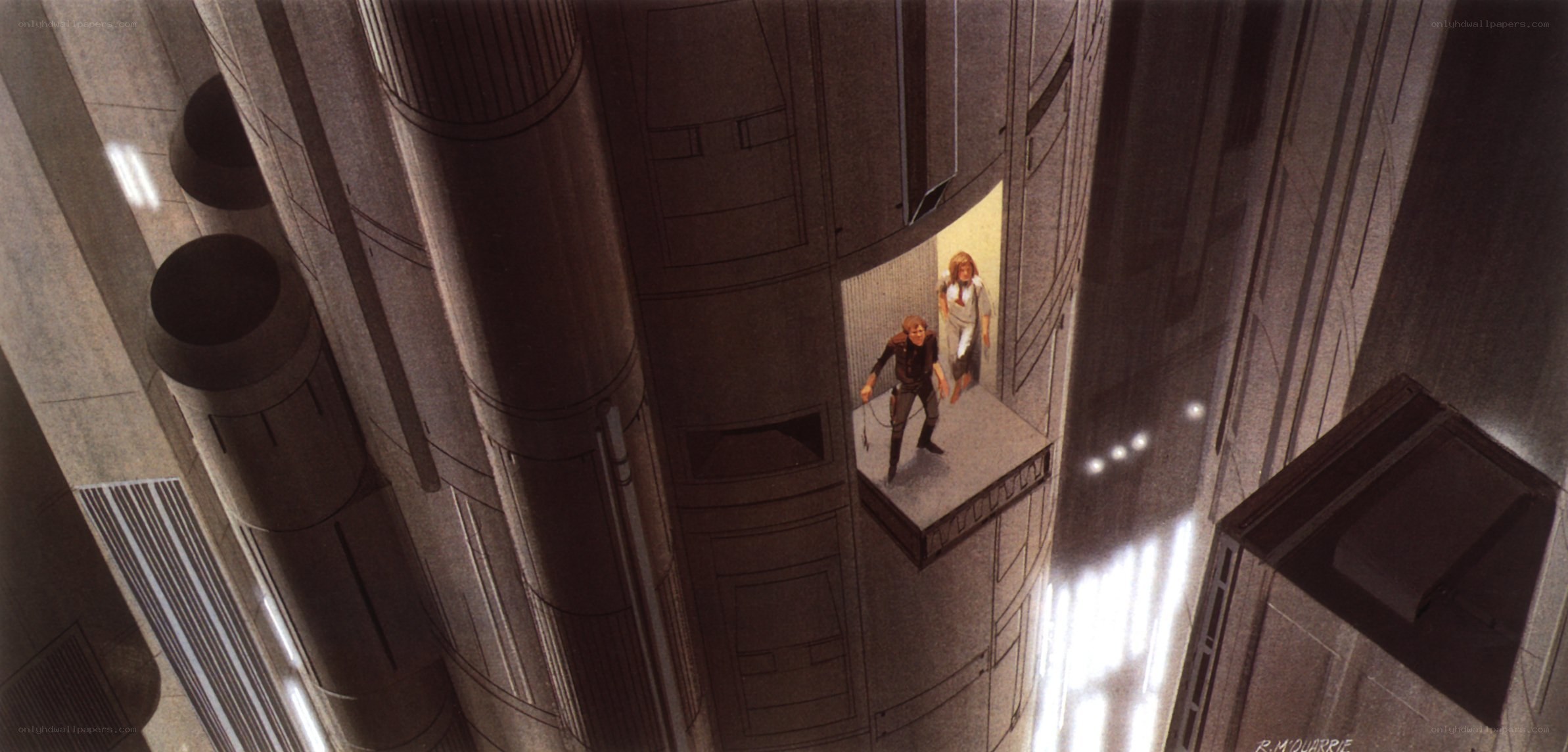 characters in a futuristic elevator