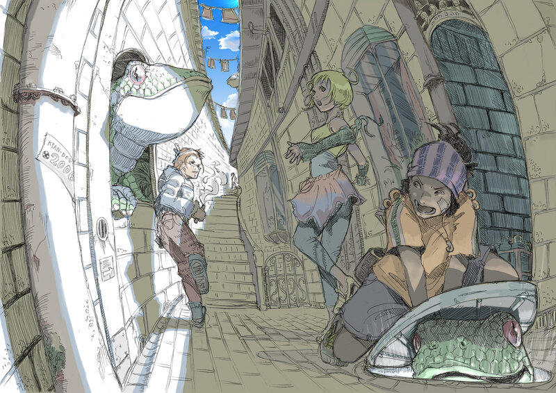 Characters in a narrow alley