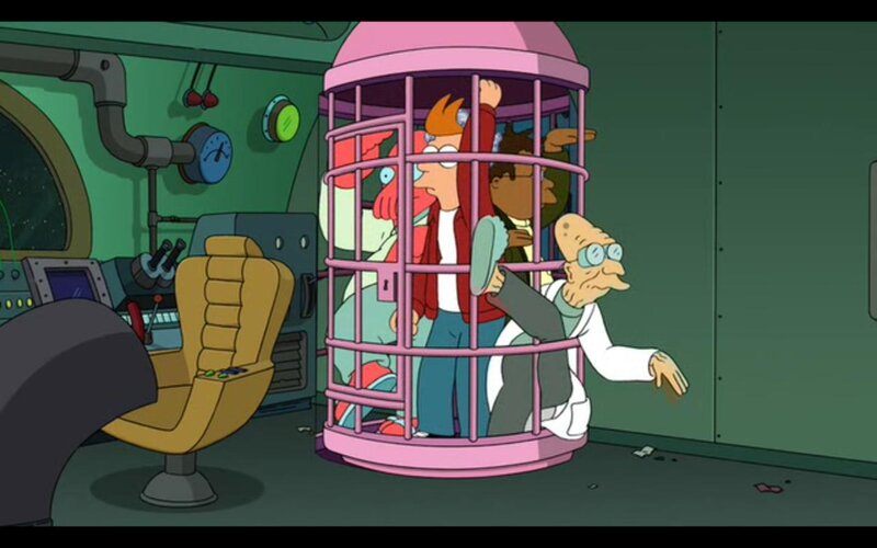 Characters in a pink cage