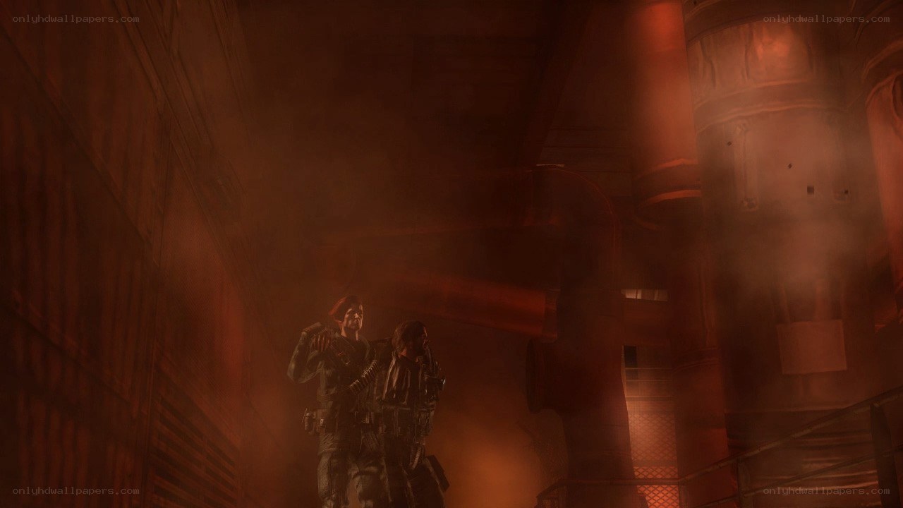 Characters in a smoky industrial corridor