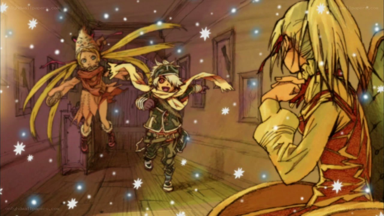 Characters in a snowy hallway