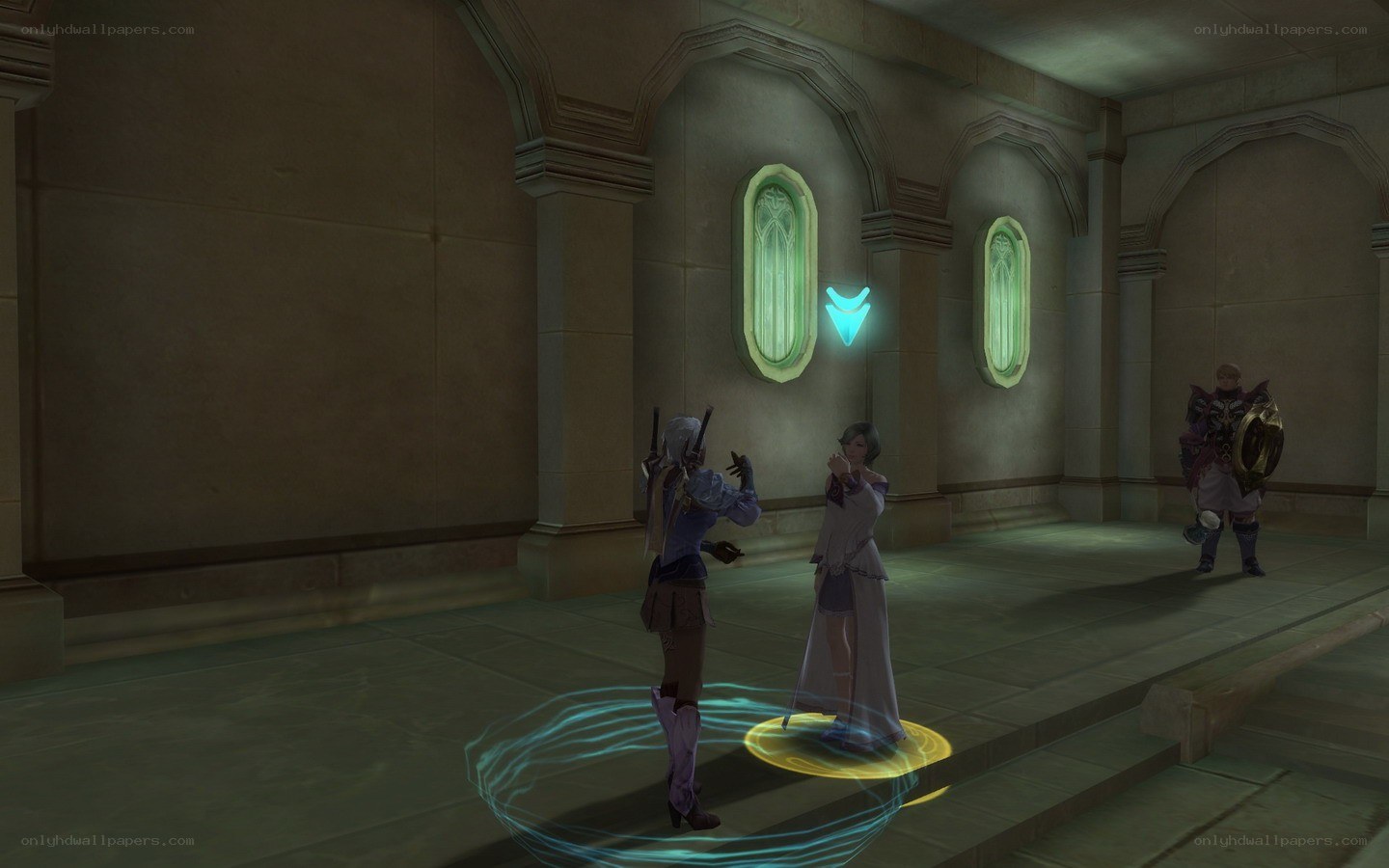 characters in a stone hall