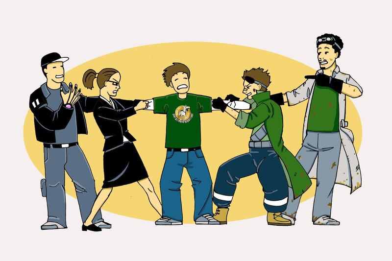 Characters in a tug-of-war