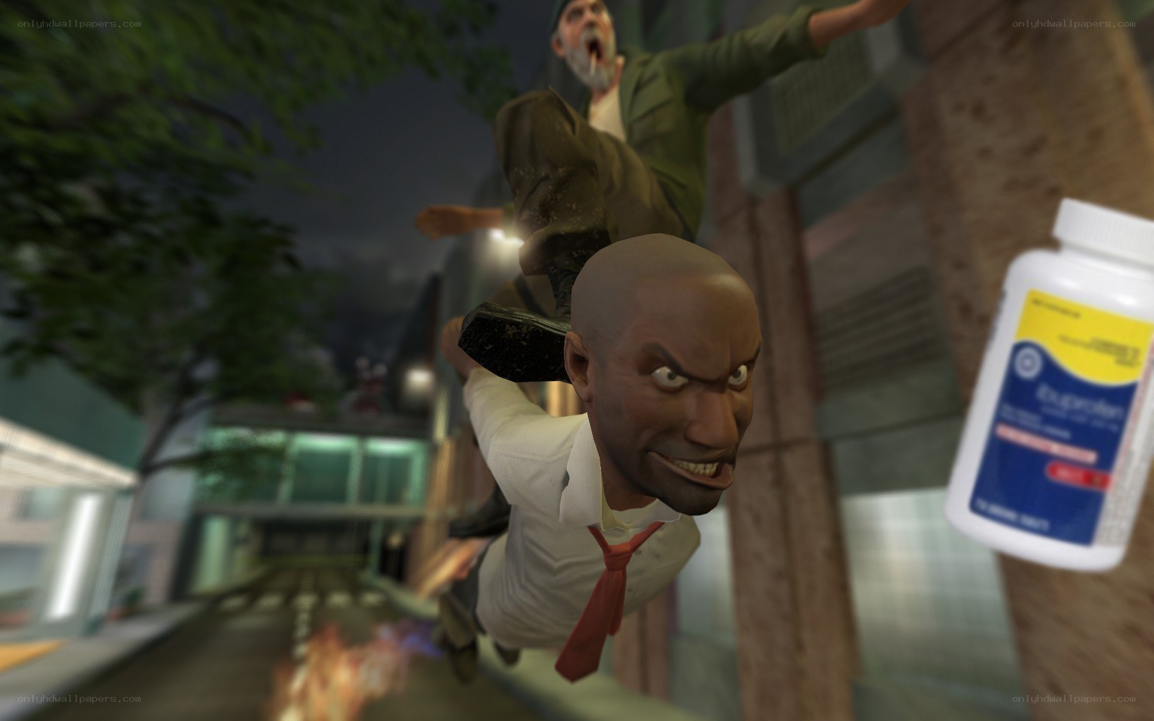 Characters in mid-air action