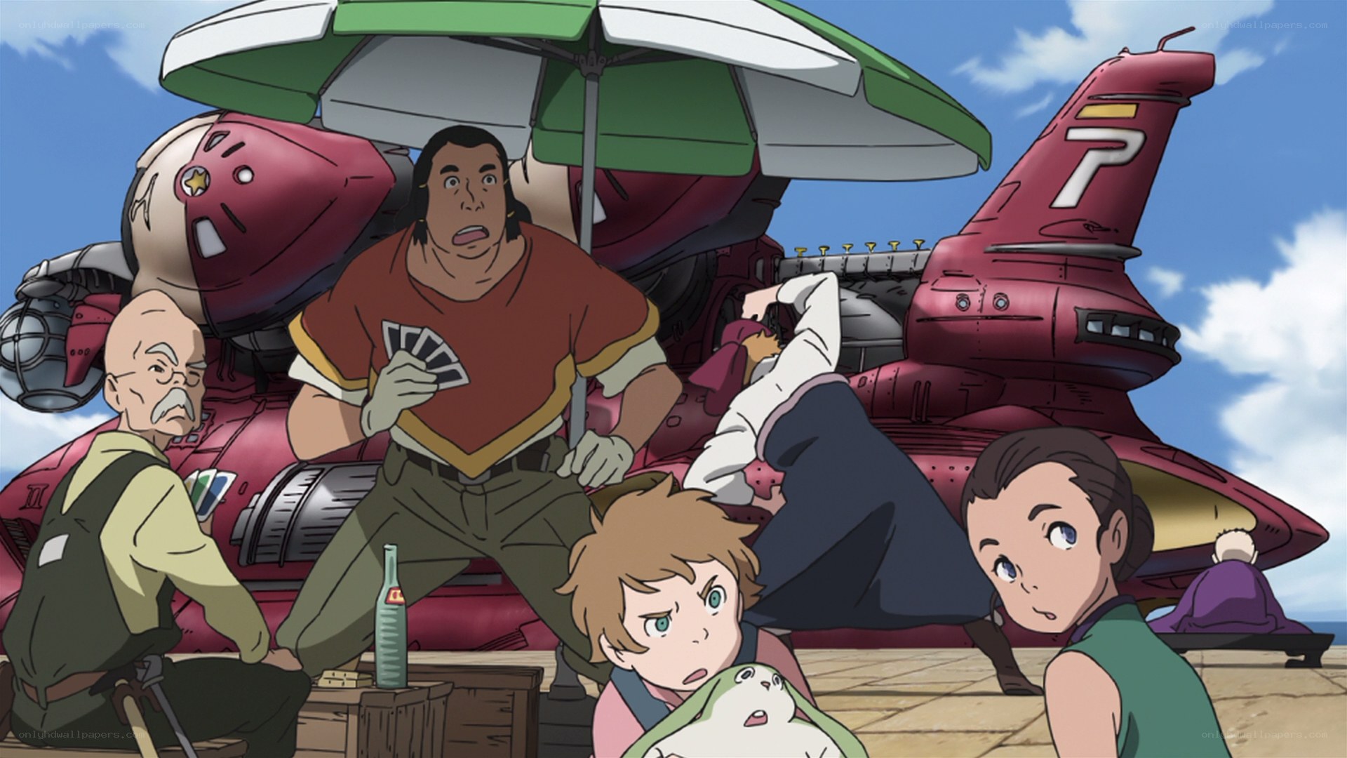Characters near a red airship